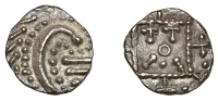 Early Anglo-Saxon Period, Sceatta, Continental series E, Secondary type, porcupine-like figure, curve of body...