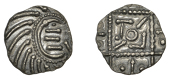 Early Anglo-Saxon Period, Sceatta, Continental series E, Secondary issue, porcupine-like figure with basic...