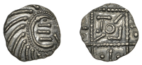 Early Anglo-Saxon Period, Sceatta, Continental series E, Secondary issue, porcupine-like figure with basic...