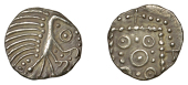 Early Anglo-Saxon Period, Sceatta, Continental series E, variety L, plumed bird-like figure, ringed pellet below...