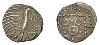 Early Anglo-Saxon Period, Sceatta, Continental series E, variety L, plumed bird-like figure, ringed pellet below...