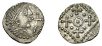 Early Anglo-Saxon Period, Sceatta, Secondary series G [Quentovic], type 3a, bust right with double-lined diadem...