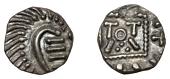 Early Anglo-Saxon Period, Sceatta, Continental series E, Secondary type, porcupine-like figure, curve of body...