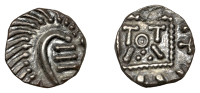 Early Anglo-Saxon Period, Sceatta, Continental series E, Secondary type, porcupine-like figure, curve of body...