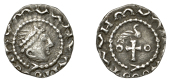 Early Anglo-Saxon Period, Sceatta, Primary series BI, small head right wearing diadem with large jewel, clockwise...