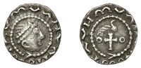 Early Anglo-Saxon Period, Sceatta, Primary series BI, small head right wearing diadem with large jewel, clockwise...