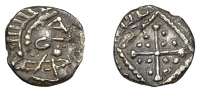 Early Anglo-Saxon Period, Sceatta, Primary Series, ‘Saroaldo’ type 11(ii), disintegrated head right with cap of...