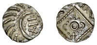 Early Anglo-Saxon Period, Sceatta, Continental series E, Secondary type, porcupine-like figure, curve of body...