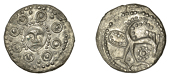 Early Anglo-Saxon Period, Sceatta, Secondary series H [Hamwick], type 49 variety 1, facing head of Wodan on oval...