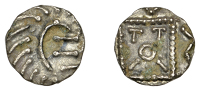 Early Anglo-Saxon Period, Sceatta, Continental series E, Secondary type, porcupine-like figure, curve of body...