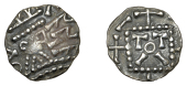 Early Anglo-Saxon Period, Sceatta, Primary series C2, radiate bust right, with square nose and shrinking posture,...