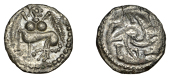 Early Anglo-Saxon Period, Sceatta, Secondary series S, type 47, winged centauress left with pronounced anatomical...