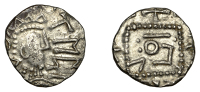 Early Anglo-Saxon Period, Sceatta, Primary series C, Perhaps Imitative, bust right, with curved radiate crown and...