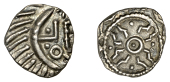 Early Anglo-Saxon Period, Sceatta, Primary series E, Porcupine/Stepped Cross type 53, porcupine-like figure with...