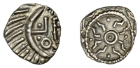 Early Anglo-Saxon Period, Sceatta, Primary series E, Porcupine/Stepped Cross type 53, porcupine-like figure with...