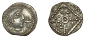 Early Anglo-Saxon Period, Sceatta, Secondary series G [Quentovic], type 3a, rather squat bust right with double...