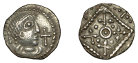 Early Anglo-Saxon Period, Sceatta, Secondary series G [Quentovic], type 3a, rather squat bust right with double...