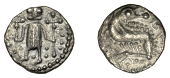 Early Anglo-Saxon Period, Sceatta, Secondary series O, type 40, standing figure, head with bulging eyes and...