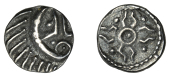 Early Anglo-Saxon Period, Sceatta, Primary series E, Porcupine/Stepped Cross type 53, porcupine-like figure with...