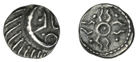 Early Anglo-Saxon Period, Sceatta, Primary series E, Porcupine/Stepped Cross type 53, porcupine-like figure with...