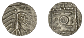 Early Anglo-Saxon Period, Sceatta, Continental series E, variety L, plumed bird-like figure, cross pommée below...