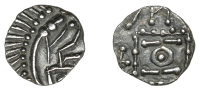 Early Anglo-Saxon Period, Sceatta, Continental series E, variety G3, porcupine-like figure with zoomorphic features...