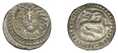 Early Anglo-Saxon Period, Sceatta, Secondary series X, Danish type B1, facing ‘Wodan’ head of heavy style,...