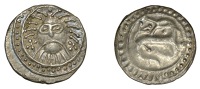 Early Anglo-Saxon Period, Sceatta, Secondary series X, Danish type B1, facing ‘Wodan’ head of heavy style,...