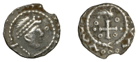 Early Anglo-Saxon Period, Sceatta, Primary series BI, type 27b, head right wearing diadem with large jewel,...