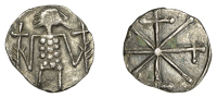 Early Anglo-Saxon Period, Sceatta, Primary series W, type 54, full-length figure right wearing helmet and segmented...
