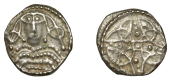 Early Anglo-Saxon Period, Sceatta, Eclectic Series, Triquetra group, facing mantled bust flanked by...