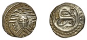 Early Anglo-Saxon Period, Sceatta, Secondary series X, Danish type B1, ‘Wodan’ head facing with radiate hair and...