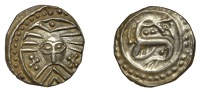 Early Anglo-Saxon Period, Sceatta, Secondary series X, Danish type B1, ‘Wodan’ head facing with radiate hair and...