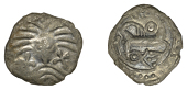 Early Anglo-Saxon Period, Sceatta, Secondary series X, Danish type B1, ‘Wodan’ head facing with radiate hair and...