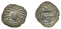Early Anglo-Saxon Period, Sceatta, Secondary series X, Danish type B1, ‘Wodan’ head facing with radiate hair and...