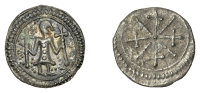 Early Anglo-Saxon Period, Sceatta, Primary series W, type 54, full-length figure right, wearing helmet and tunic...