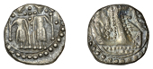 Early Anglo-Saxon Period, Sceatta, Secondary series N, type 41b, two standing figures, each holding staff with cross...