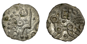 British Iron Age, DOBUNNI, Eisu (c. AD 20-43), silver Unit, Oxo type, degraded moon head right, numerous ringed...