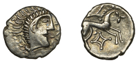 British Iron Age, ICENI, Uninscribed issues, silver Unit, Norfolk God [Small Head] type, stylised head right, wreath...