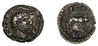 British Iron Age, ATREBATES and REGNI, Eppillus (20 BC - AD 1), silver Unit, Grapevine type, bearded head right with...