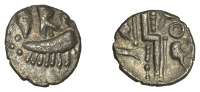 British Iron Age, DUROTRIGES, Uninscribed issues, silver Quarter-Stater, Duro Boat Dots type, crescent with three...