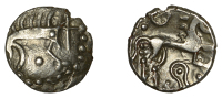 British Iron Age, ICENI, Uninscribed issues, silver Unit, Norfolk Boar Phallic type, stylised boar right, spear in...