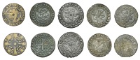 England, Sterling Bust Jetons, c. 1280-1345, Edward II, Fox class 14, rev. shield of three crowns, rosette and...