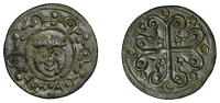 England, Pictorial Jetons, c. 1295-1330, Edward II, facing head of Medusa, ornate border with scrolls and pellets,...