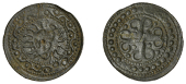 England, Pictorial Jetons, c. 1295-1330, Edward II, facing head of Medusa, surrounded by snakes or rays, ornate...