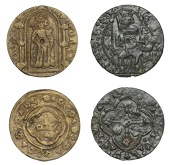 England, Later 14th Century Jetons, c. 1344-1400, Edward III-Richard II, King standing facing under canopy, rev....