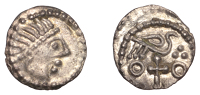 Early Anglo-Saxon Period, Sceatta, Secondary series J, type 85, diademed head right, rev. bird right on cross, three...