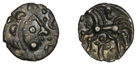 British Iron Age, DOBUNNI, silver Unit, Cotswold Eagle type [head type B], moon head right, crescents for hair,...