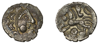 British Iron Age, DOBUNNI, silver Unit, Cotswold Cock type [head type A], moon head right, pelleted crescents for...