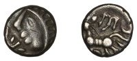 British Iron Age, ATREBATES and REGNI, Commios (50-25 BC), silver Unit, Ladder Head Lazy E type, moon head left,...
